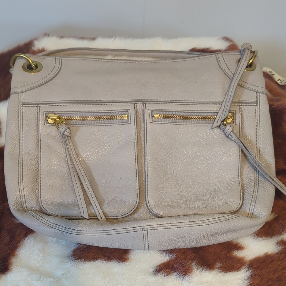 Fossil Grey Leather Shoulder Bag With Detachable Crossbody Strap